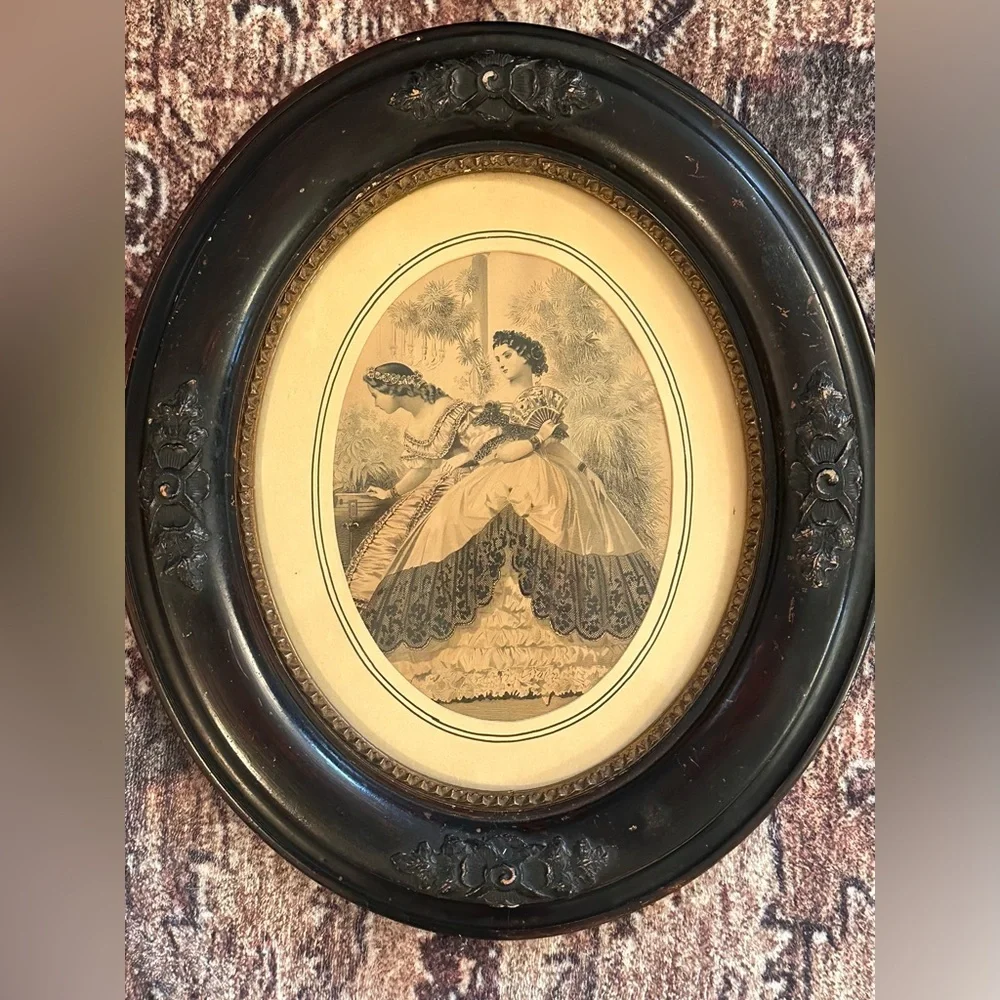 Antique Black Oval Carved Wood Frames with Vintage Victorian Lady Prints